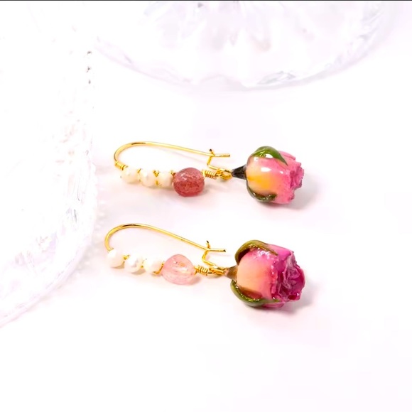 Rosebud Drop Earrings with Pearls & Crystals - Picture 3 of 13